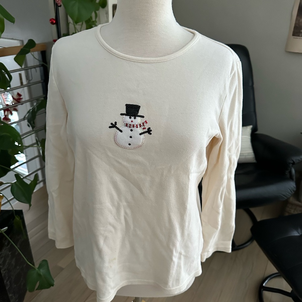 Covington Sport Cream Long Sleeve Snowman Detail Top